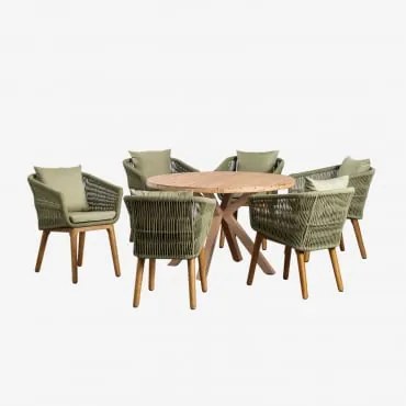 Conjunto De Mesa Redonda De Madeira (ø120 Cm) Naele E 6 Cadeiras De Jardim Barker Verde Bambu - Sklum