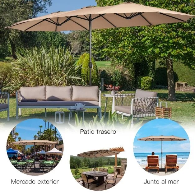Guarda-sol duplo Jardim de 451,5 cm com base Sistema de manivela Estrutura metálica com 12 varas Ventilação de ar Café
