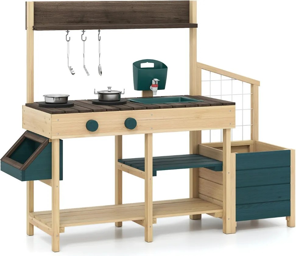 Cozinha Brincar para crianças ao ar livre para crianças de madeira com jardineira Pia removível Torneira Tachos Depósito de água verde