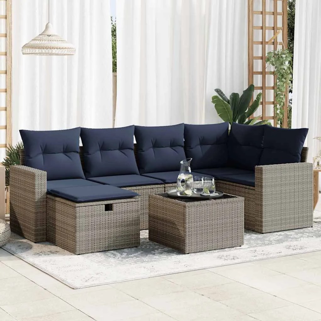 7 pcs conjunto sofás p/ jardim c/ almofadões vime PE cinzento