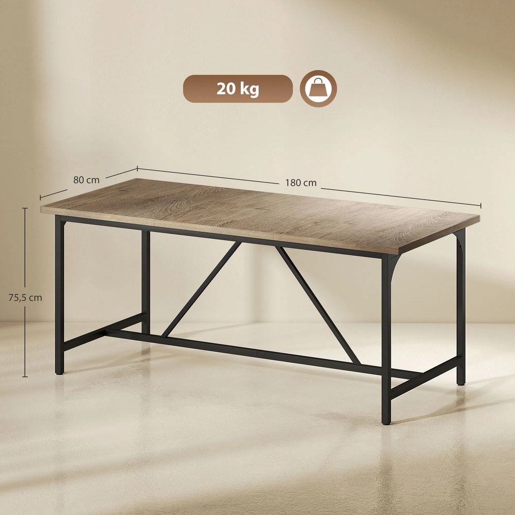 Mesa de jantar retangular para 6-8 pessoas (CADEIRAS NÃO INCLUIDAS), mesa de cozinha de estilo industrial, 180 x 80 x 75,5 cm, com efeito de madeira n
