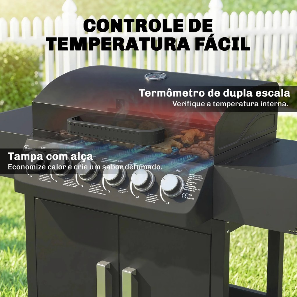 Grelhador a Gás com 6 Queimadores 15 kW Termómetro Armário Grelha de Aquecimento Bandeja de Recolha de Gordura 2 Rodas 135x51x101 cm Preto