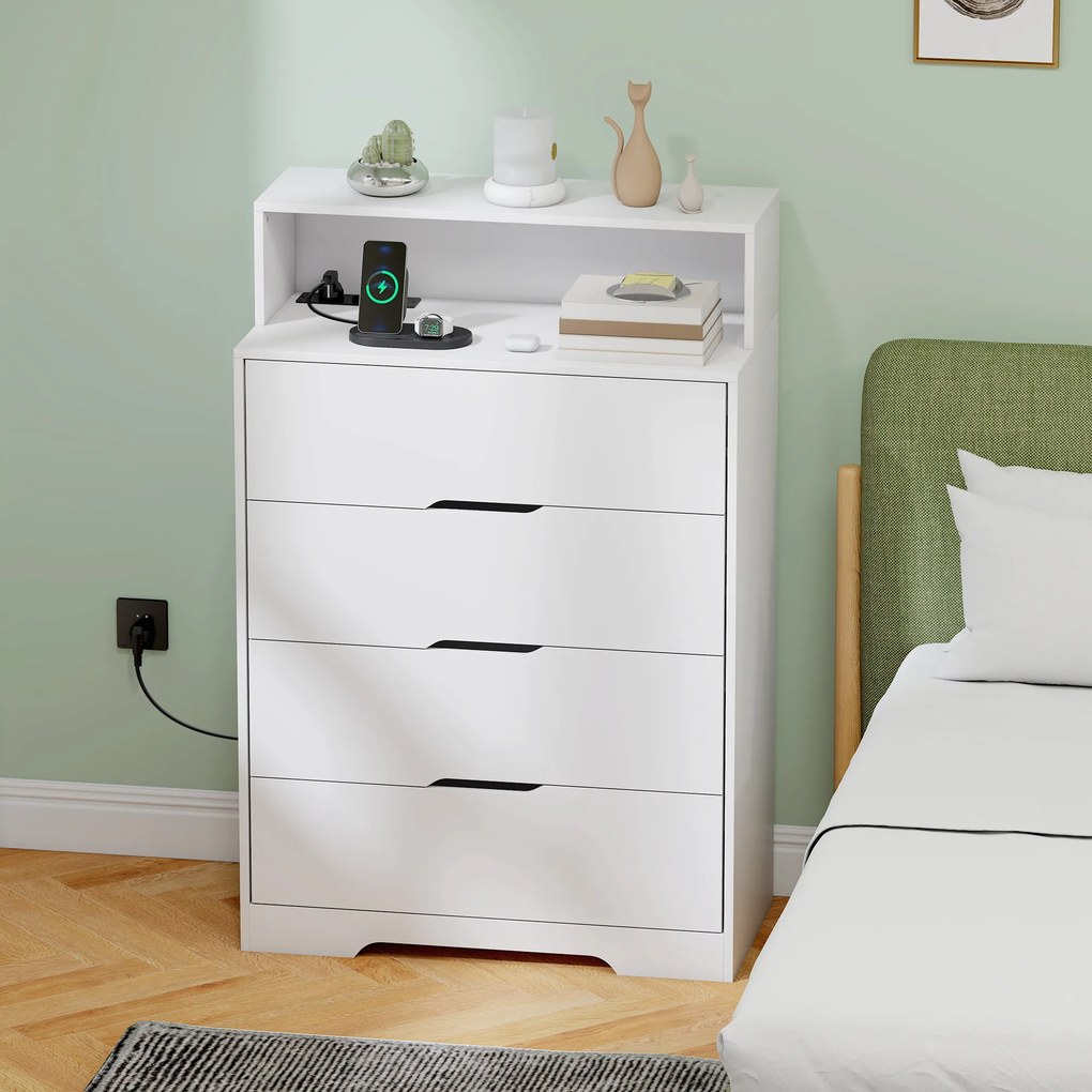 Cómoda com 4 Gavetas 80x40x120 cm e Estação de Carregamento com Porta USB Porta USB-C Prateleira Aberta 80x40x120 cm Branco