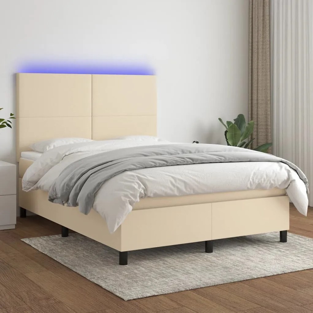 Cama box spring c/ colchão e LED 140x200 cm tecido cor creme