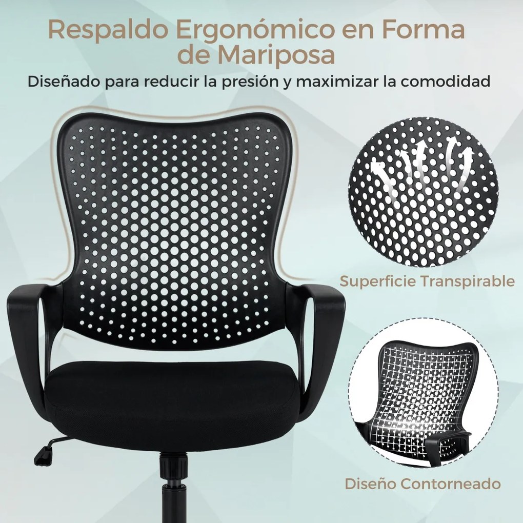 Cadeira de escritório ergonómica com braços, almofada acolchoada e encosto respirável, modelo «Mariposa», para estudar e trabalhar, na cor preta