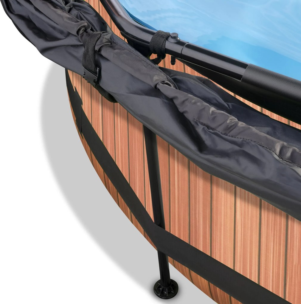 Piscina redonda Wood ø300x76cm com bomba de filtragem e cobertura - Castanha