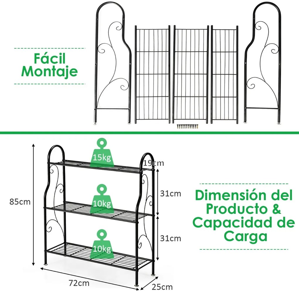 Estante metálica de 3 níveis para plantas com padrão de rolagem elegante e multifuncional 72 x 25 x 85 cm preto