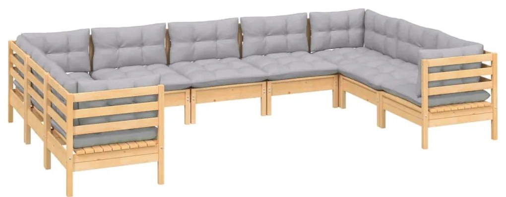9 pcs conjunto lounge de jardim c/ almofadões cinzentos pinho