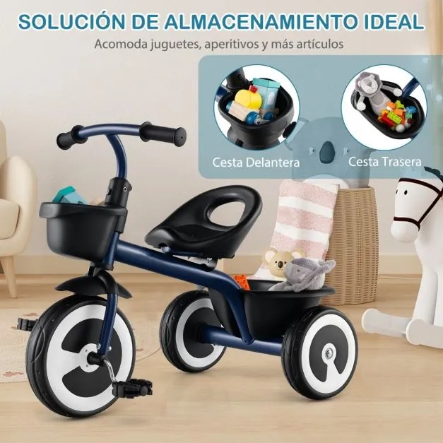 Triciclo infantil de 3 rodas com assento ajustável, cestos dianteiro e traseiro, estrutura em ferro, para 1,5 a 5 anos Azul