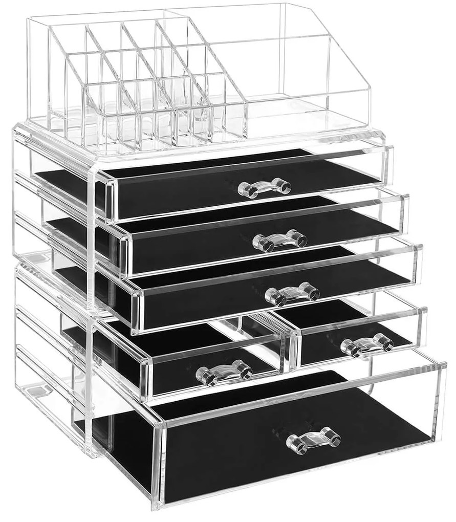 Organizador grande de maquiagem em acrílico transparente SONGMICS, caixa de cosméticos empilhável, com 6 gavetas, para paleta, pincel, base, batom, esmalte e grampos de cabelo, ótimo presente para entes queridos JKA009TP