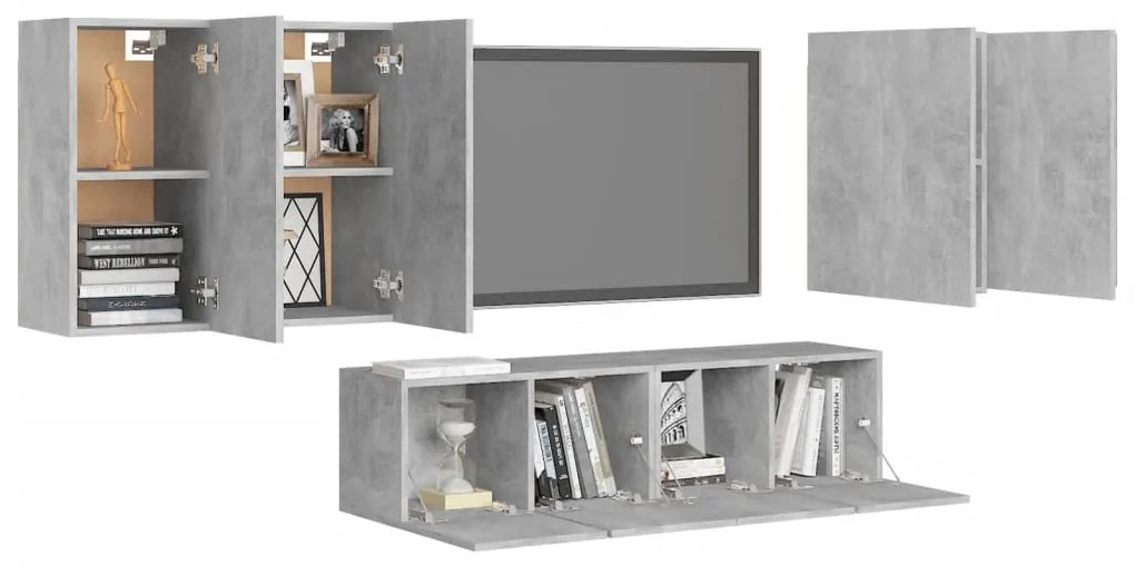 6 pcs conjunto de móveis de TV contraplacado cinzento cimento