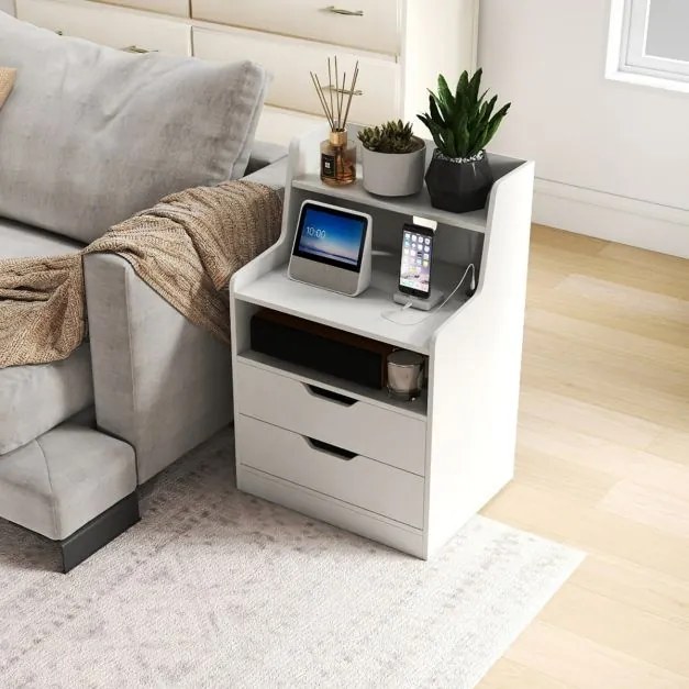Mesa de cabeceira LED com estação de carregamento com 2 gavetas e prateleira aberta 45 x 35 x 72,5 cm Branca