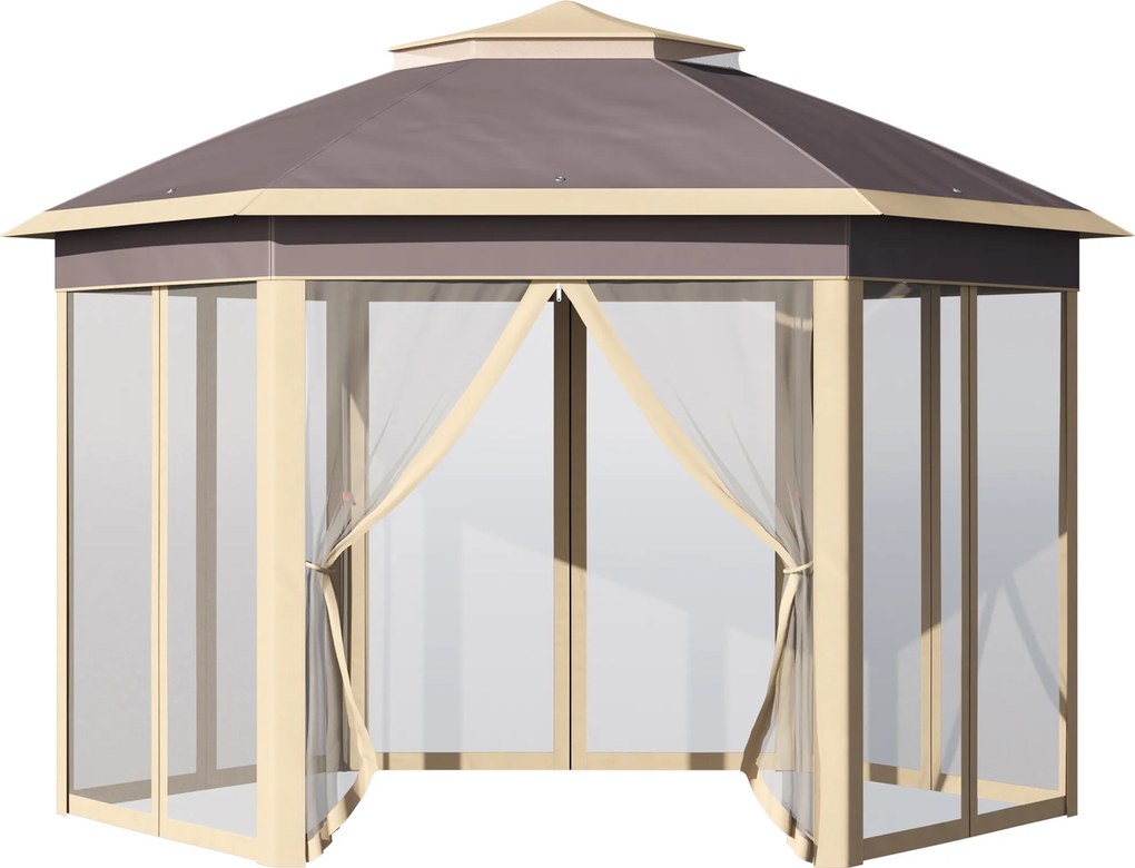 Outsunny Tenda Dobrável Hexagonal Tenda de Jardim 4x3,4 m para Exterior com 6 Redes Mosquiteiras Amovíveis e Altura Ajustável Bege | AOSOM Portugal