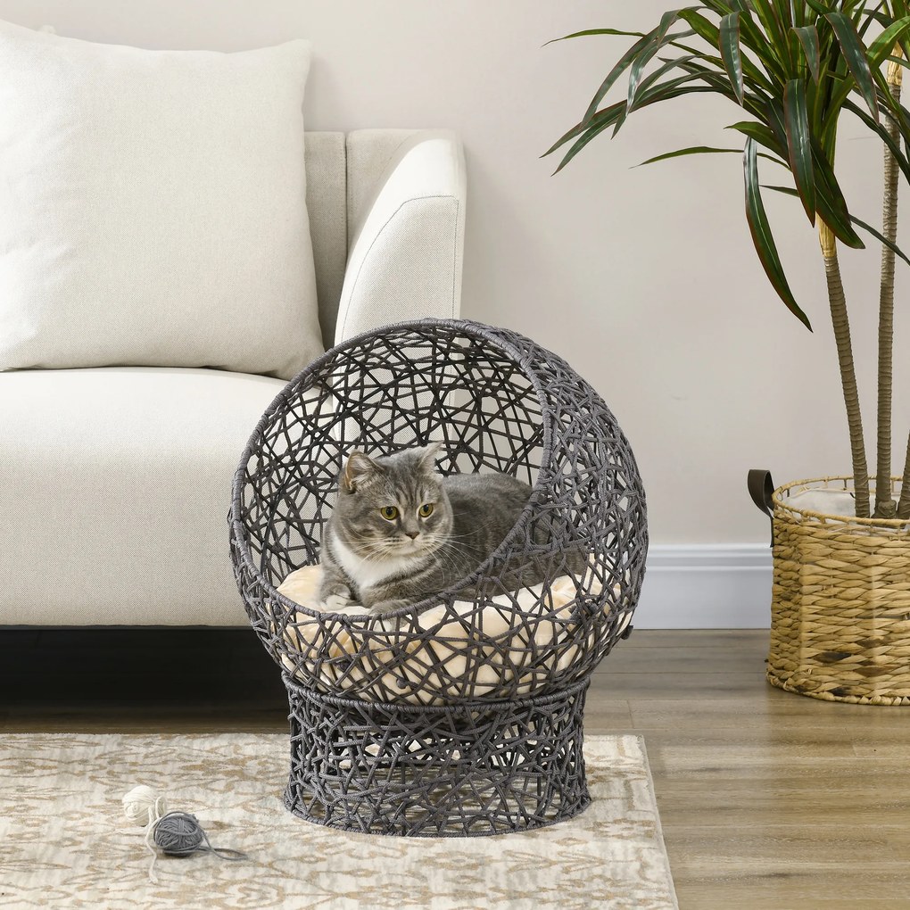 Cesto para gatos, cama elevada, aconchegante, tipo casota ou compartimentos abertos, 50 x 50 x 60 cm, com almofada macia em tom creme incluída, corda