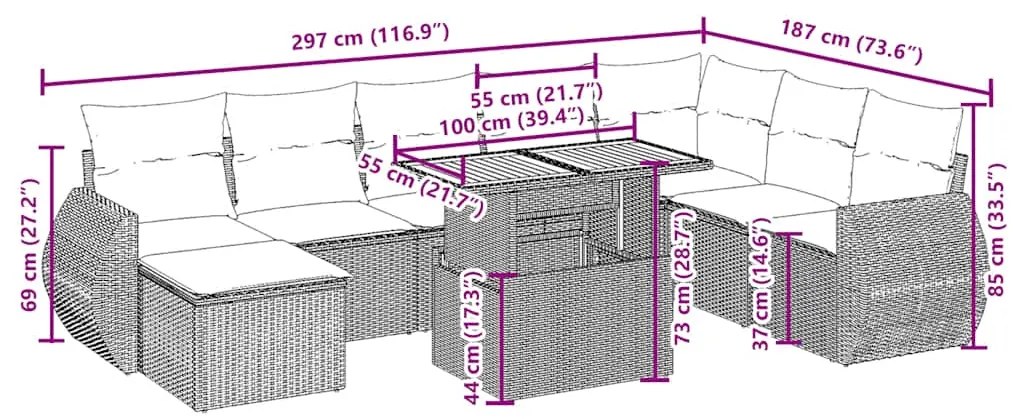 9 pcs conjunto de sofás p/ jardim com almofadões vime PE bege