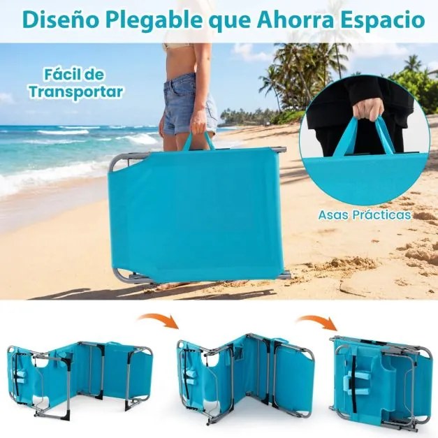 Espreguiçadeira dobrável para exterior, reclinável, com orifícios, apoio para o rosto, braços e encosto ajustável, bolsos, portátil, para praia e pisc