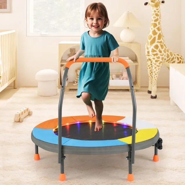 Mini trampolim de 90 cm para crianças com luzes dobrável para interior e exterior com barra de espuma e cobertura de segurança Multicolorido