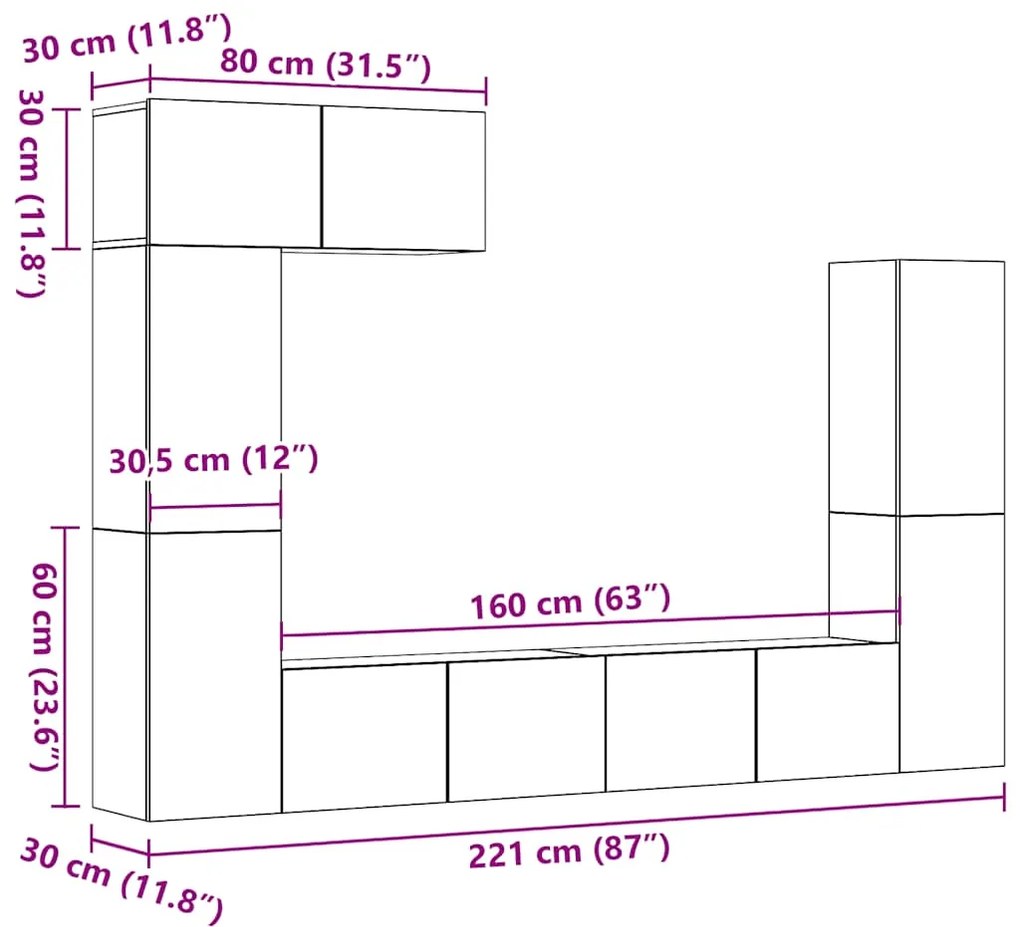 Conjunto de armário TV de parede 5 pcs madeira madeira velha