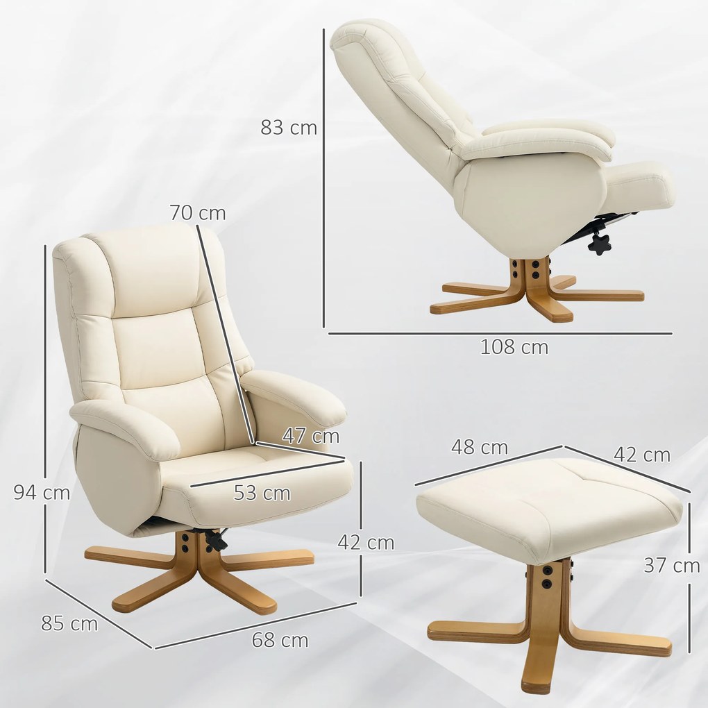 Poltrona Relaxante com Apoio para os Pés, 85 x 68 x 94 cm, Giratório a 360°, Creme