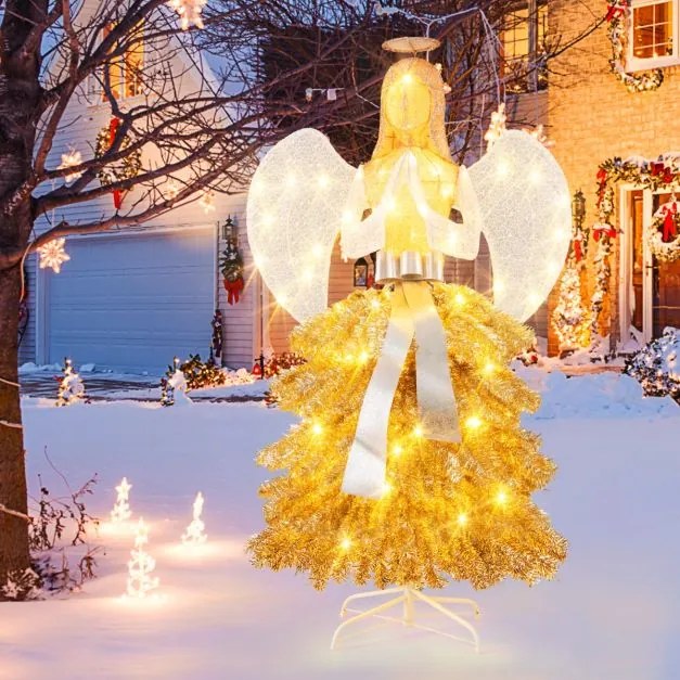 Anjo de Natal artificial iluminado de 157 cm Figura de anjo pré-iluminada para decoração de Natal no exterior com luzes LED quentes