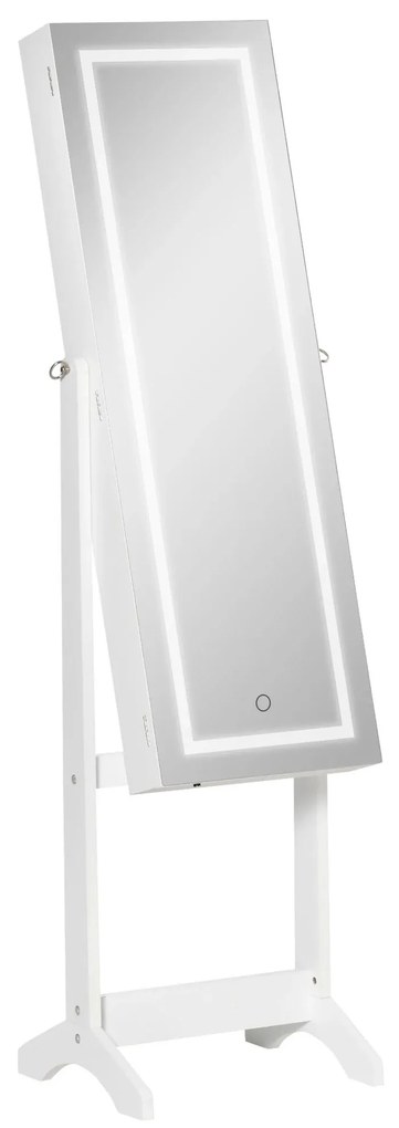 HOMCOM Joalheiro de Pé Armário para Jóias com Fita de Luz LED e Fechadura Magnética Organizador de Jóias com Prateleiras Ranhuras para Anéis Brincos 46x36,5x151,5cm Branco