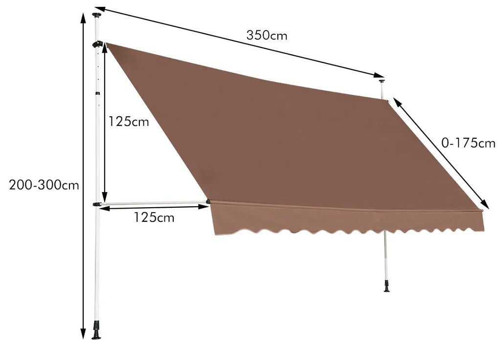 Toldo 350 x 125 cm Exterior telescópico Altura Ajustável 2-3 m com Manivela e Resistente às Intempéries Toldo Manual para Jardim e Varanda Castanho