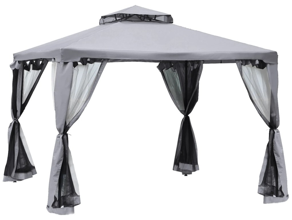 Outsunny Pérgola de Jardim Exterior 294x294x265 cm com Duplo Teto de Ventilação 8 Orifícios de Drenagem e 4 Telas Mosquiteiras Cinza | Aosom Portugal