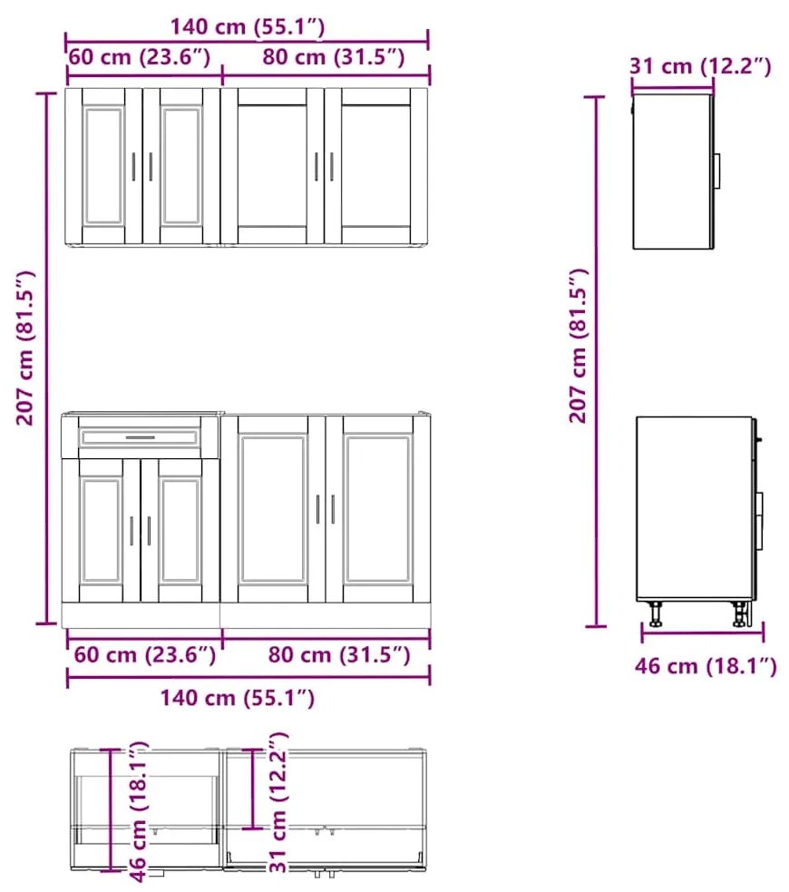 4 peças armário de cozinha conjunto Kalmar concreto cinza