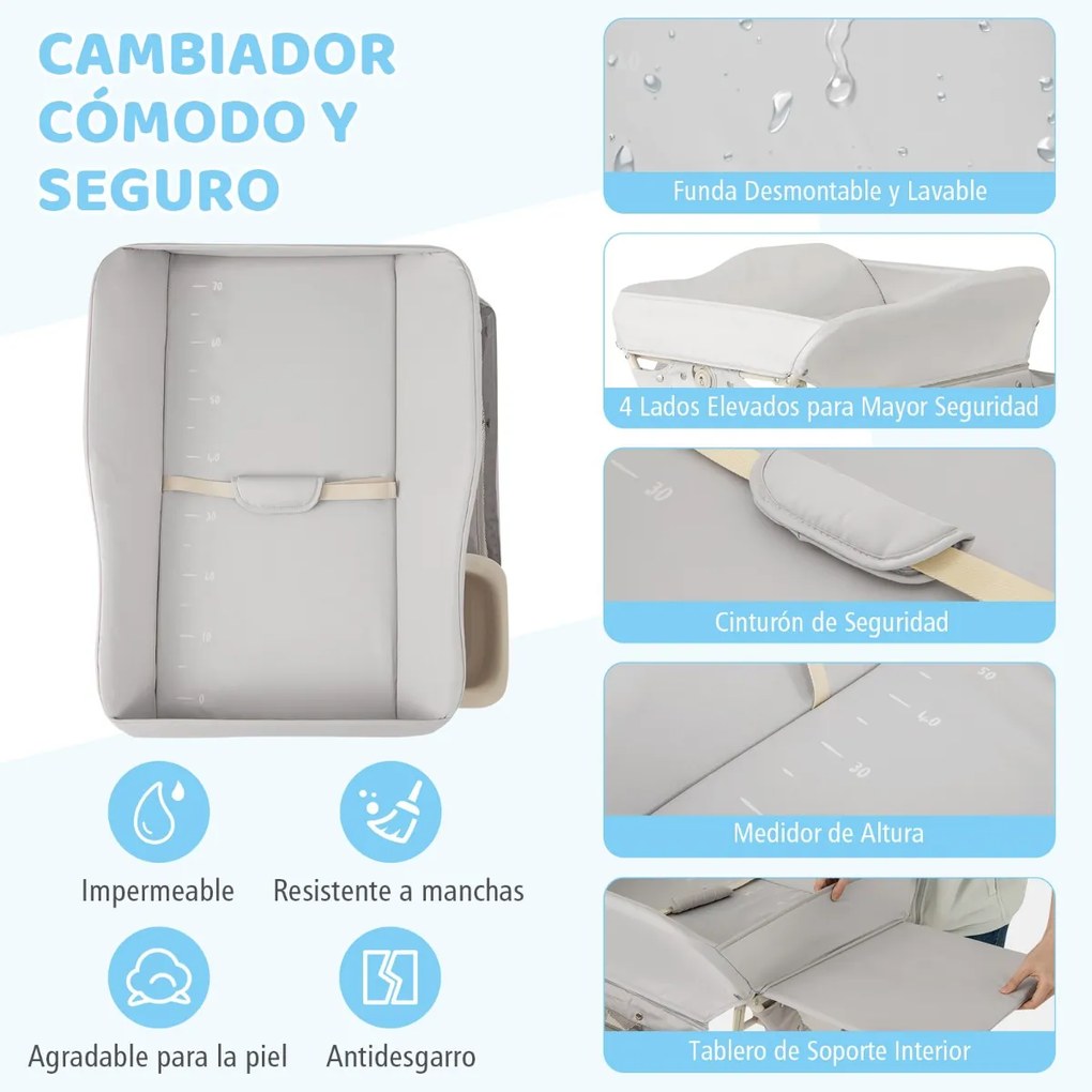 Fraldário dobrável para bebés com cesto de arrumação e cinto de segurança 3 alturas ajustáveis Cinzento