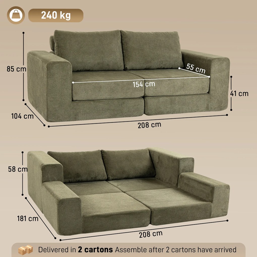 Sofá-cama de 2 Lugares, 208 x 181 x 58 cm, Convertível 4 em 1, Verde