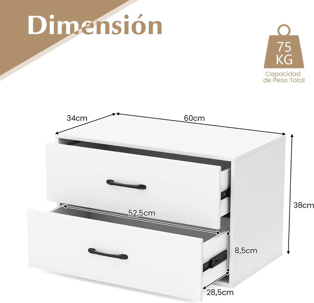 Armario de arrumação empilhável de 2 gavetas sala de estar Escritório de estudo Branco