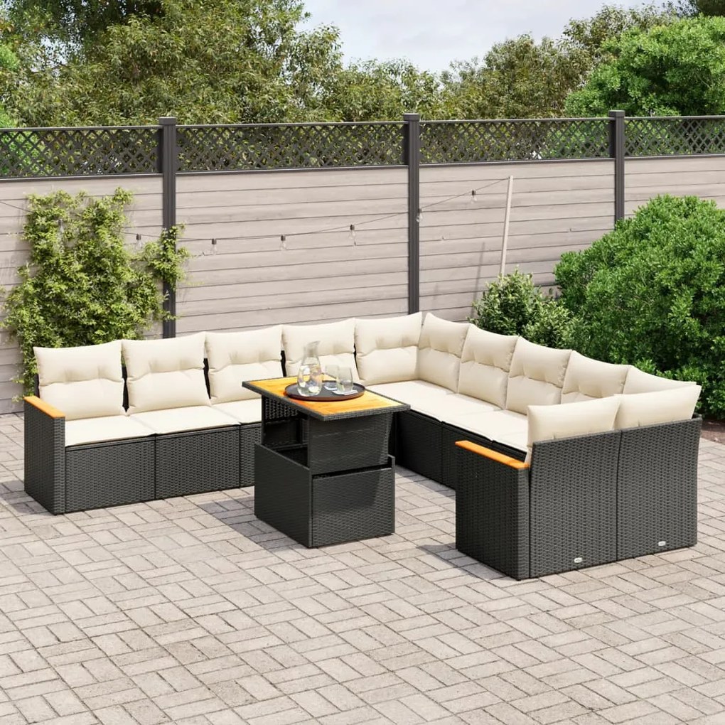 11 pcs conjunto sofás de jardim c/ almofadões vime PE preto