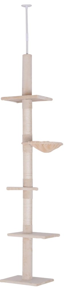 PawHut Árvore Arranhadora para Gatos Arranhador para Fixar ao Teto Altura Ajustável com Plataformas Poste de Sisal 40x34x230-260cm Bege
