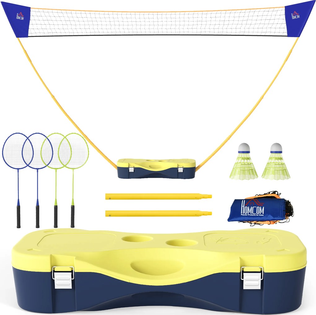 HOMCOM Rede de Badminton Suporte de Rede Portátil Conjunto de Badminton 4 Raquetes Esporte Outdoor 286 x 33 x 157 cm Amarelo+Azul | Aosom Portugal