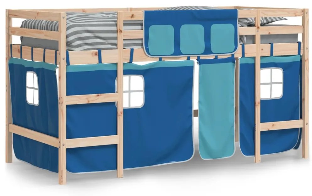 Cama alta p/ criança c/ cortinas 90x190 cm pinho maciço azul
