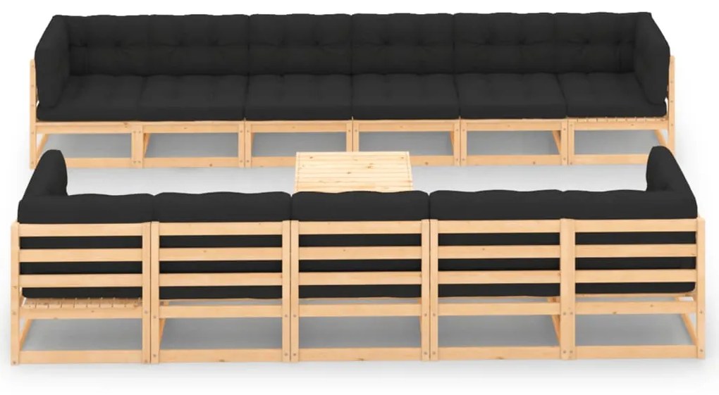 vidaXL 12 pcs conj. lounge jardim c/ almofadões antracite pinho maciço