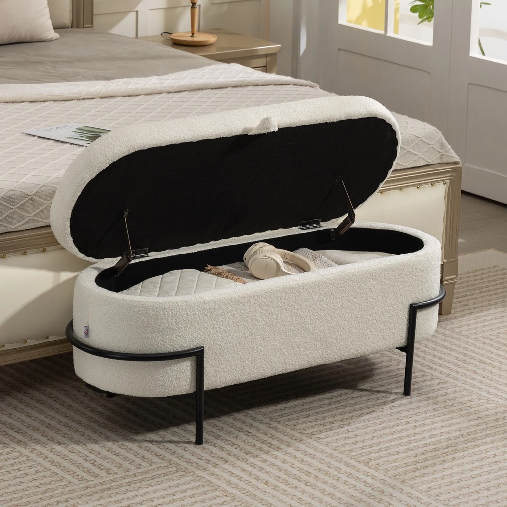 Banco com arrumação 114,5 L x 40 P x 48 A cm, banco com baú de arrumação em tecido felpudo, com tampa levantável e pés em aço, creme