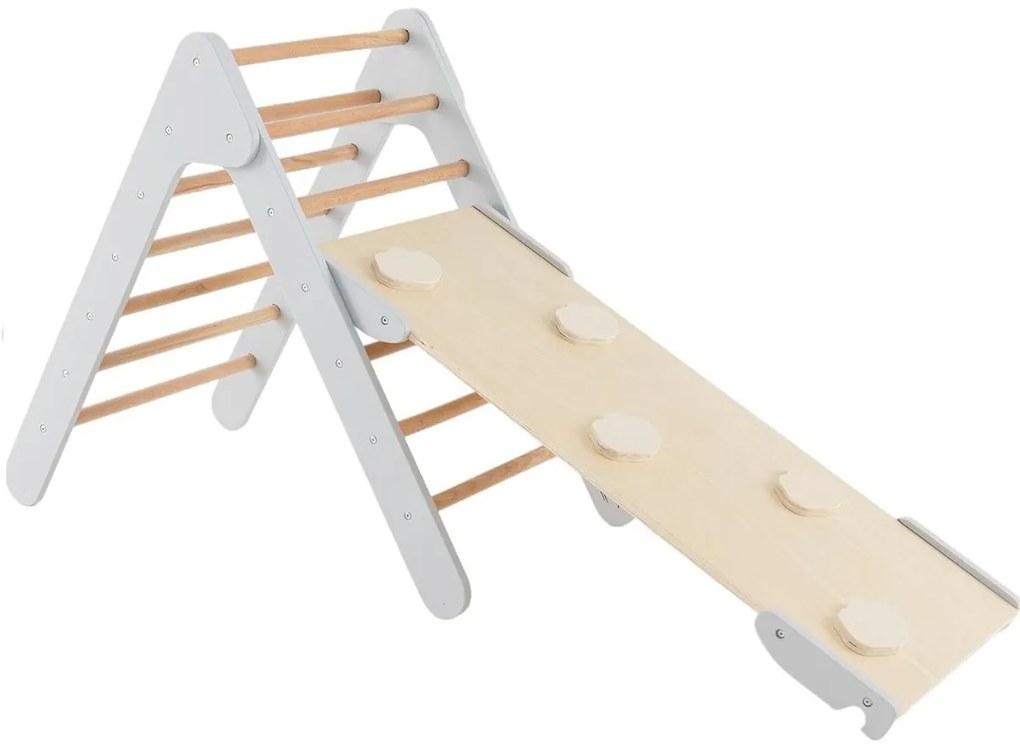 Triângulo de trepar 3 em 1 com rampa ajustável para trepar e deslizar Estrutura triangular de trepar em madeira Brinquedos para crianças Cinzento
