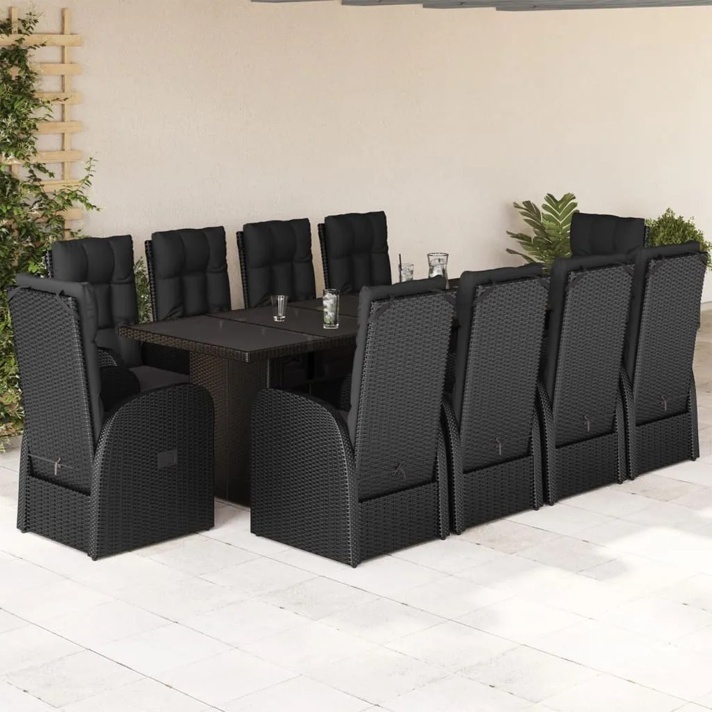 vidaXL 11 pcs conjunto de jantar p/ jardim c/ almofadões vime PE preto