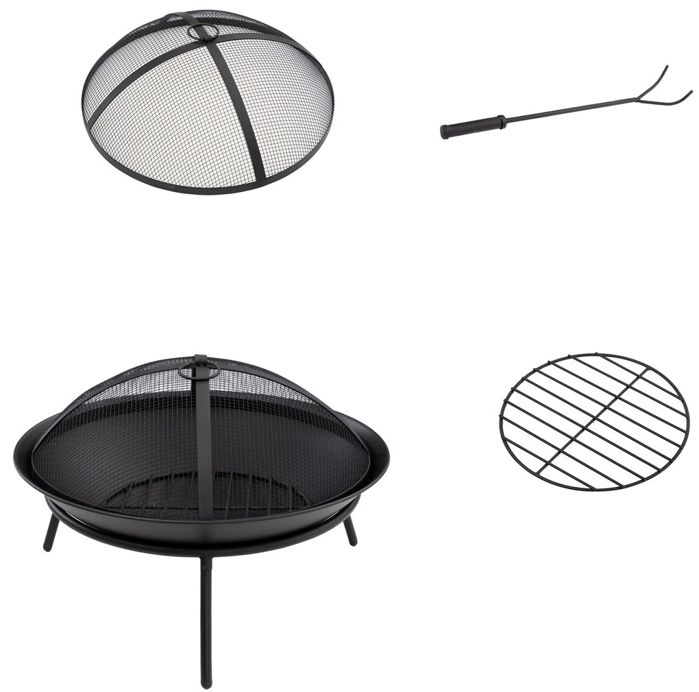Outsunny Braseiro de Exterior de Metal com Tampa Protetora de Faíscas e Atiçador para Varanda Campismo Ar Livre Ø47x33 cm Preto