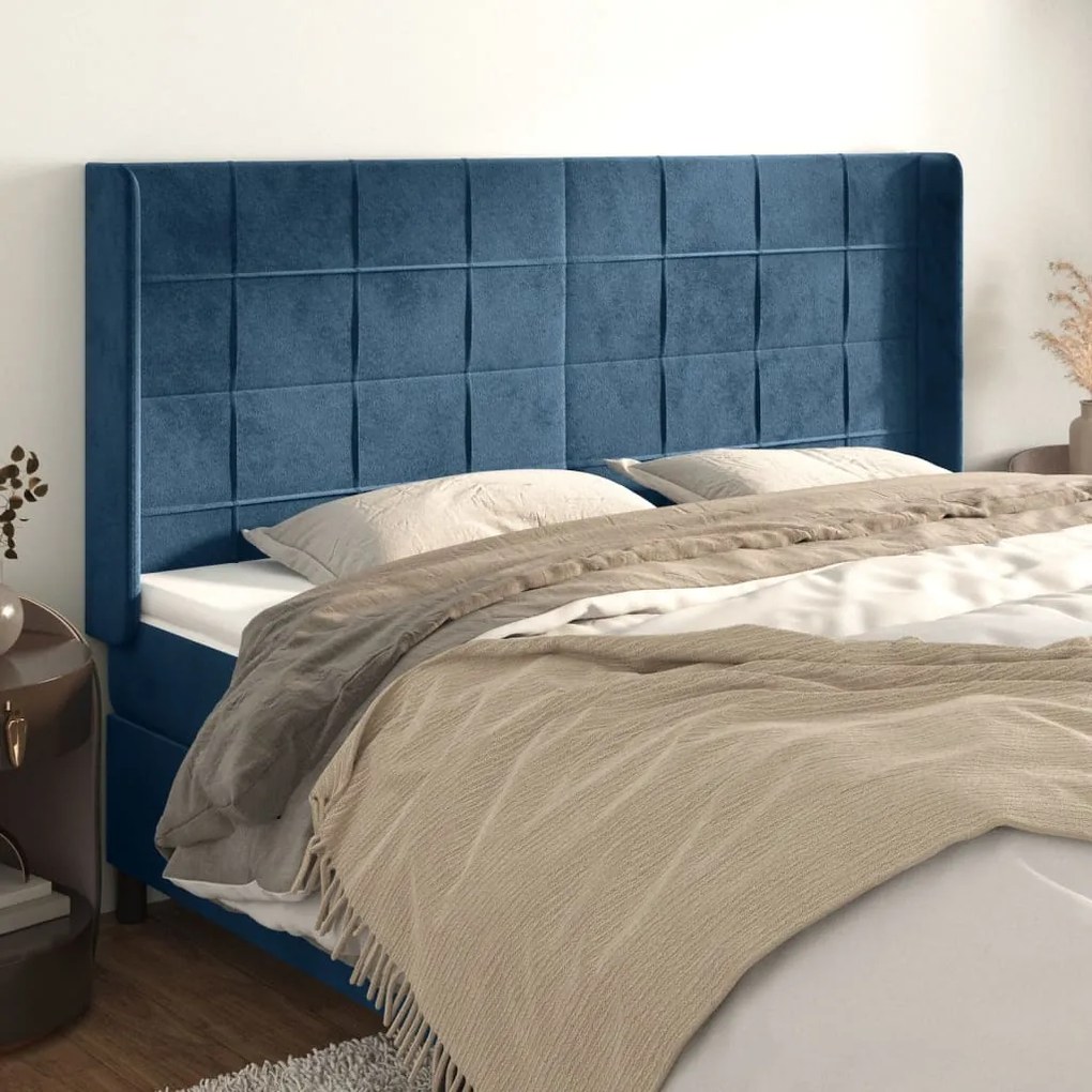 Cabeceira cama c/ abas veludo 183x16x118/128 cm azul-escuro