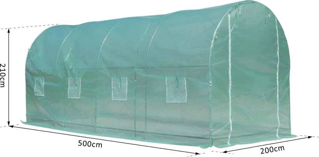 Estufa tipo Túnel 500x200x205 cm Estufa de Jardim com Porta Enrolável e 8 Janelas Cobertura de PE 140 g/m² Verde