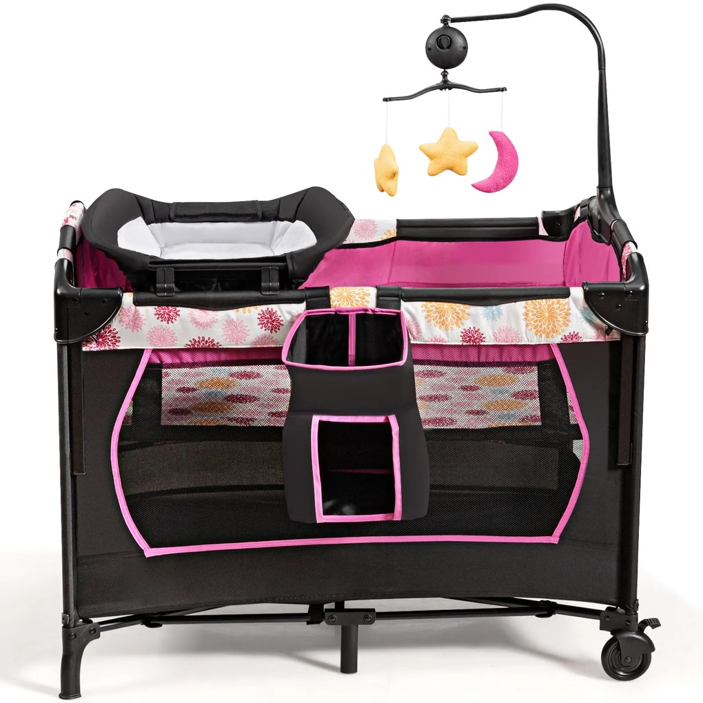 Berço portátil 3 em 1 para crianças com trocador Centro de actividades Centro de actividades com rodas e travões 107 x 72 x 80,5 cm Rosa