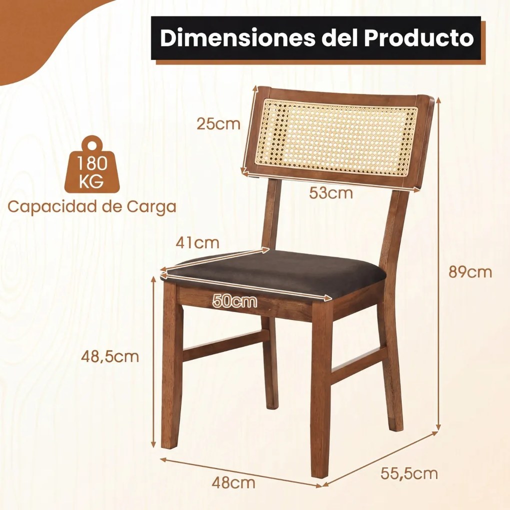 Conjunto de 2 cadeiras jantar estofadas com encosto em rattan tecido (MESA NÃO INCLUIDA), Estrutura em madeira de borracha Cor de nogueira e Castanho