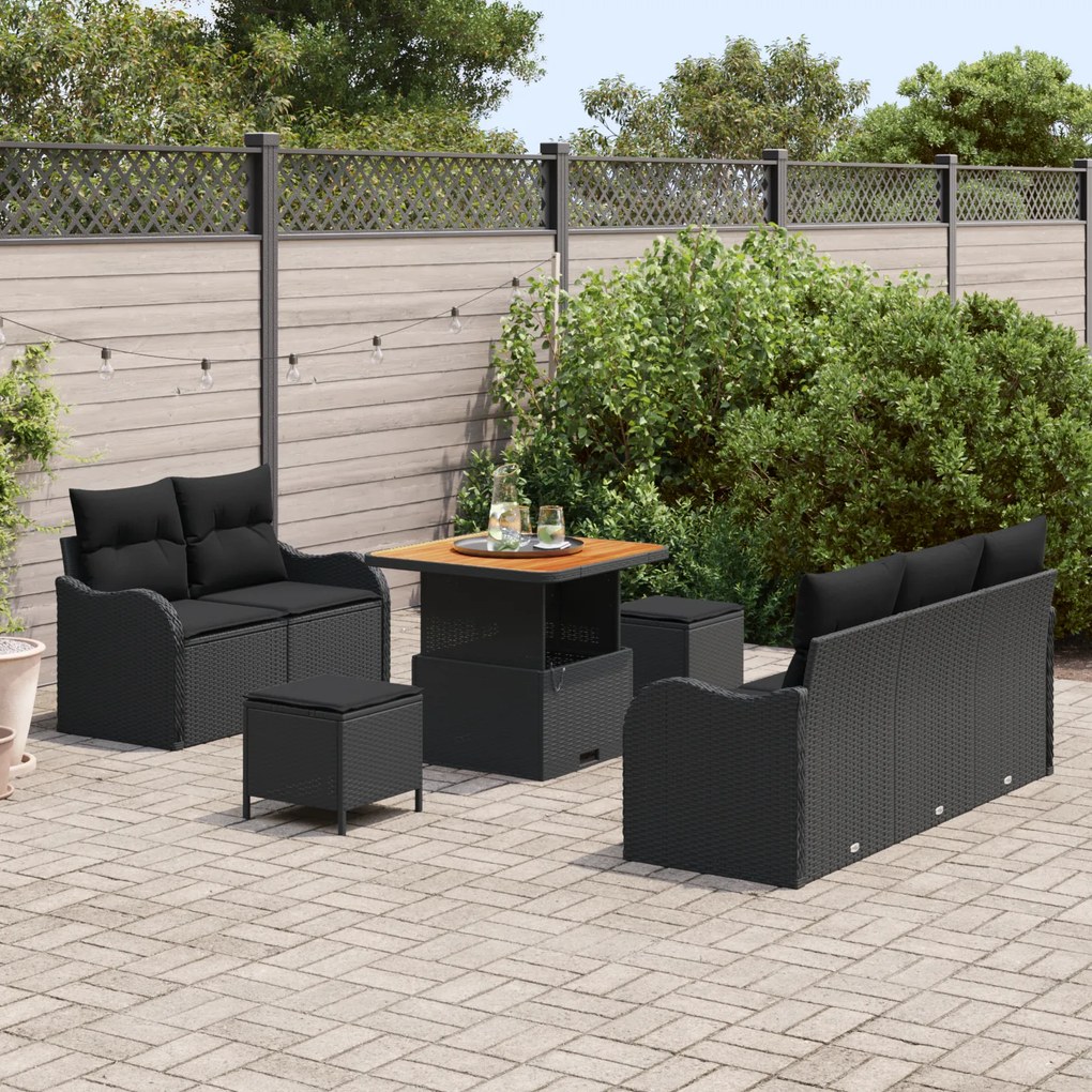 Conjunto de Sofá de Jardim vidaXL com Almofadas Preto Rattan Poliéster