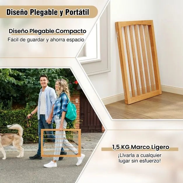 Barreira para cães Até 159 x 76 cm em madeira de abeto com rotação de 180° Barreira dobrável de 3 painéis Natural