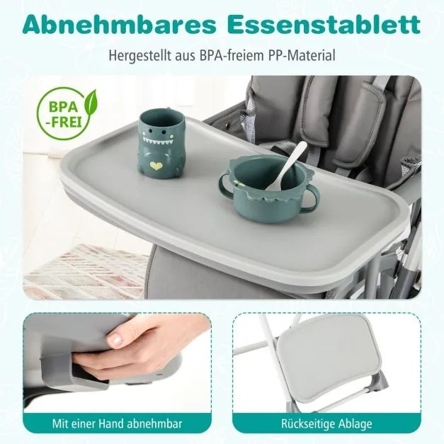 Cadeira refeição alta dobrável para bebés, cadeira infantil com função reclinável e altura ajustável, cinzenta