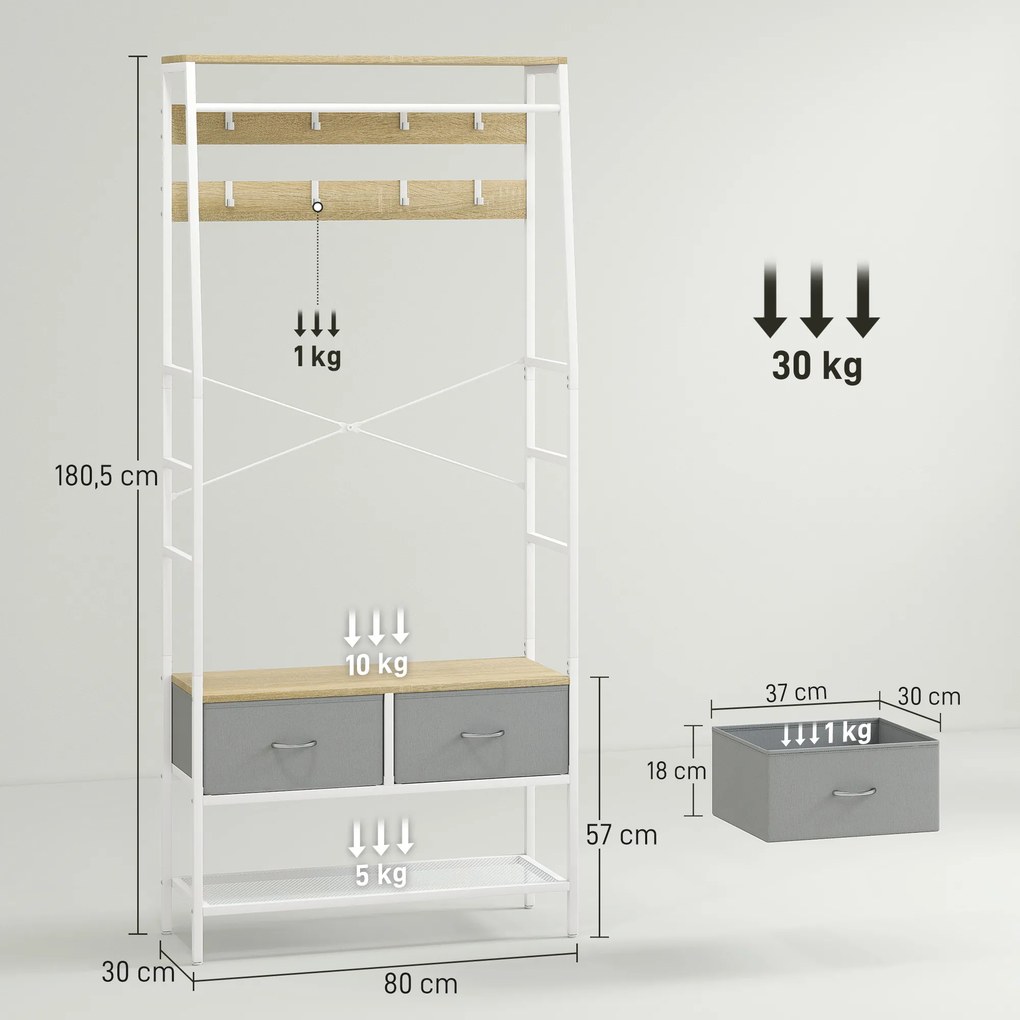 Móvel Cabide de Entrada com Banco Sapateira 8 Ganchos 2 Gavetas de Tecido Barra Prateleira 80x30x180,5 cm Branco e Madeira
