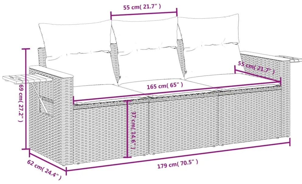 3 pcs conjunto sofás de jardim c/ almofadões vime PE cinzento
