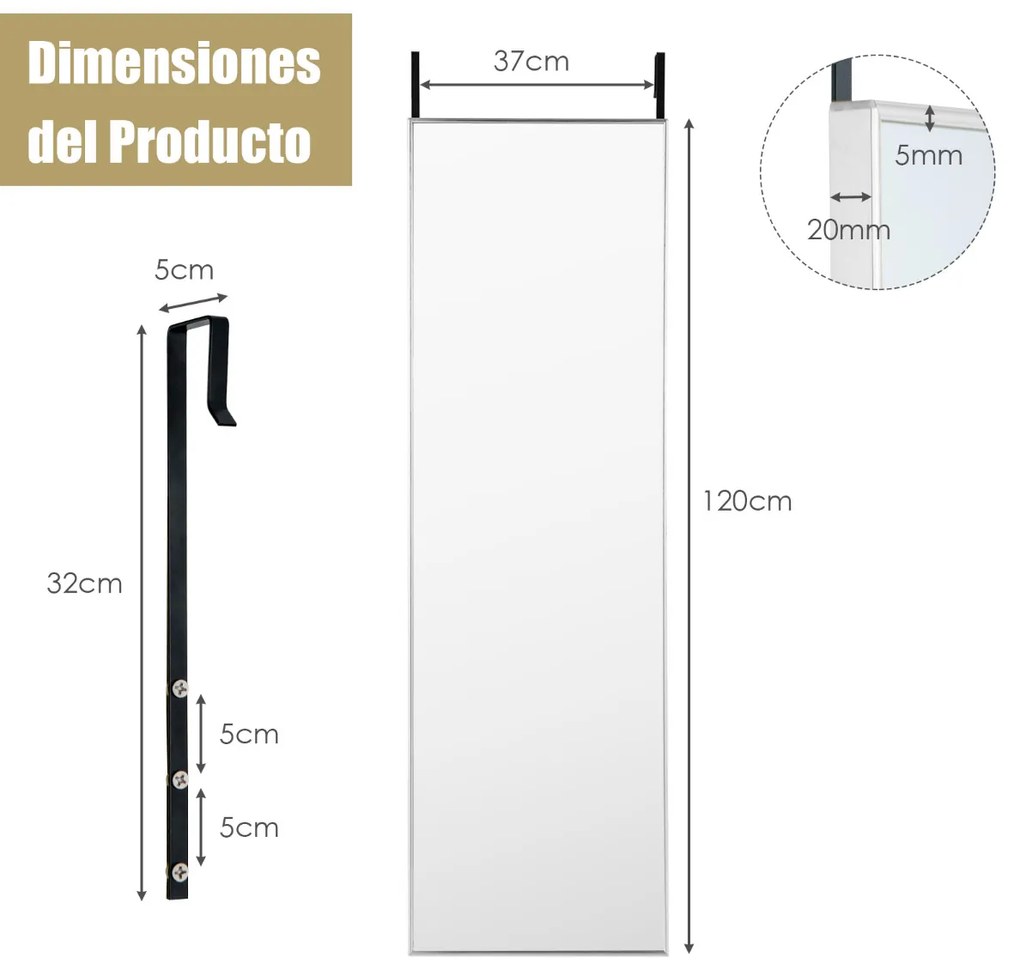 Espelho de porta suspenso na parede Moldura em liga de alumínio Vidro inquebrável 120 x 37 cm Prateado